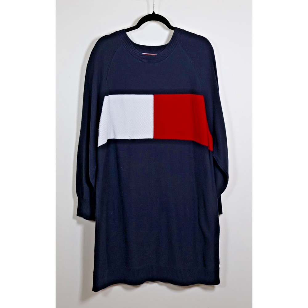 Tommy Hilfiger Dress Size 2XL Blue Red White Flag Knit Sweater Long Sleeve